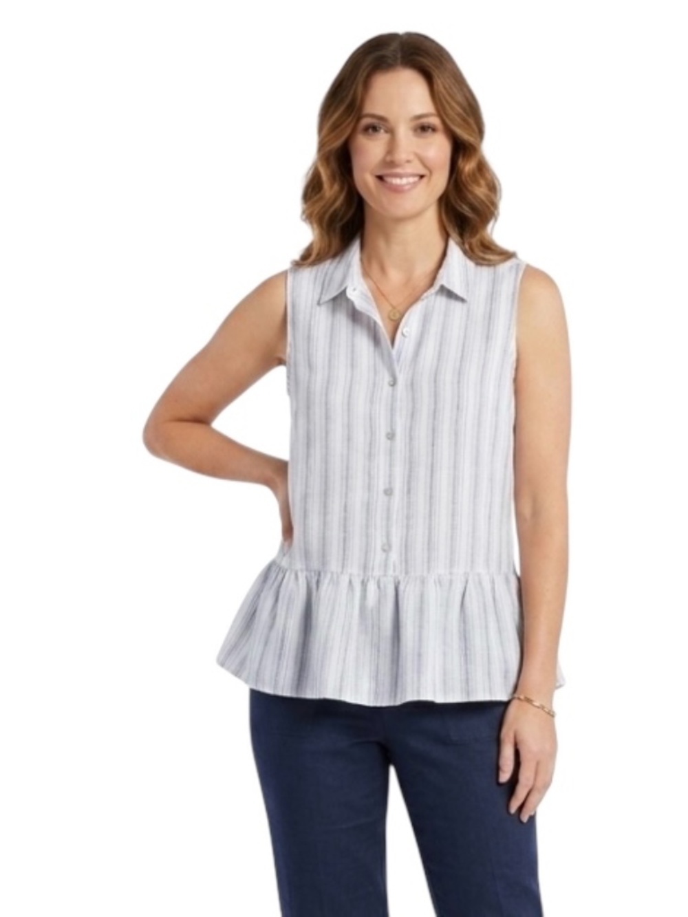 Tahari 100% Linen Sleeveless Peplum Top M White Gray Stripe Button Up Tank Boho